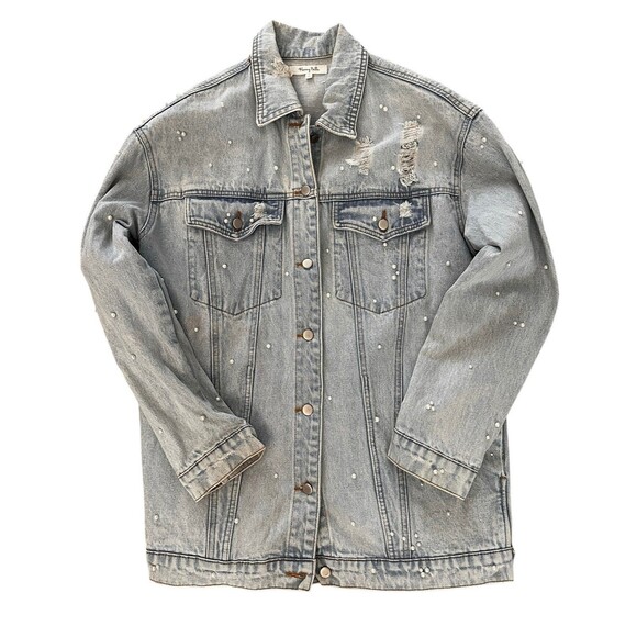 Honey Belle Women’s Distressed Denim Jacket With Pearl Accents Thrashed Grunge L - Picture 1 of 9